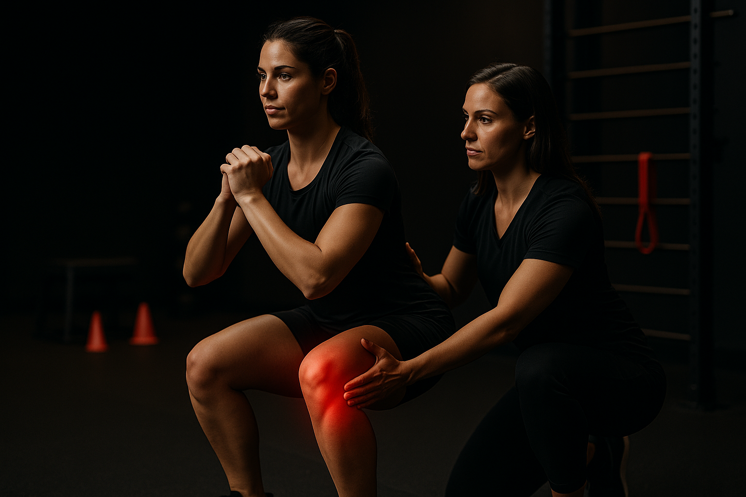 vrouw wordt ondersteund in tijdens het uitvoeren van een squat