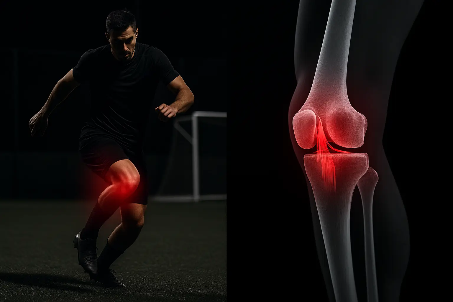 foto van man met rode gloed op de knie. voorste kruistband is anatomisch te zien