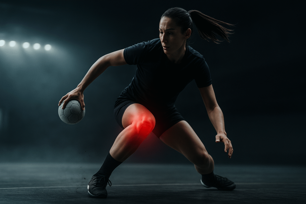 vrouw zakt door de knieën tijdens handbal krijgt hier pijn.