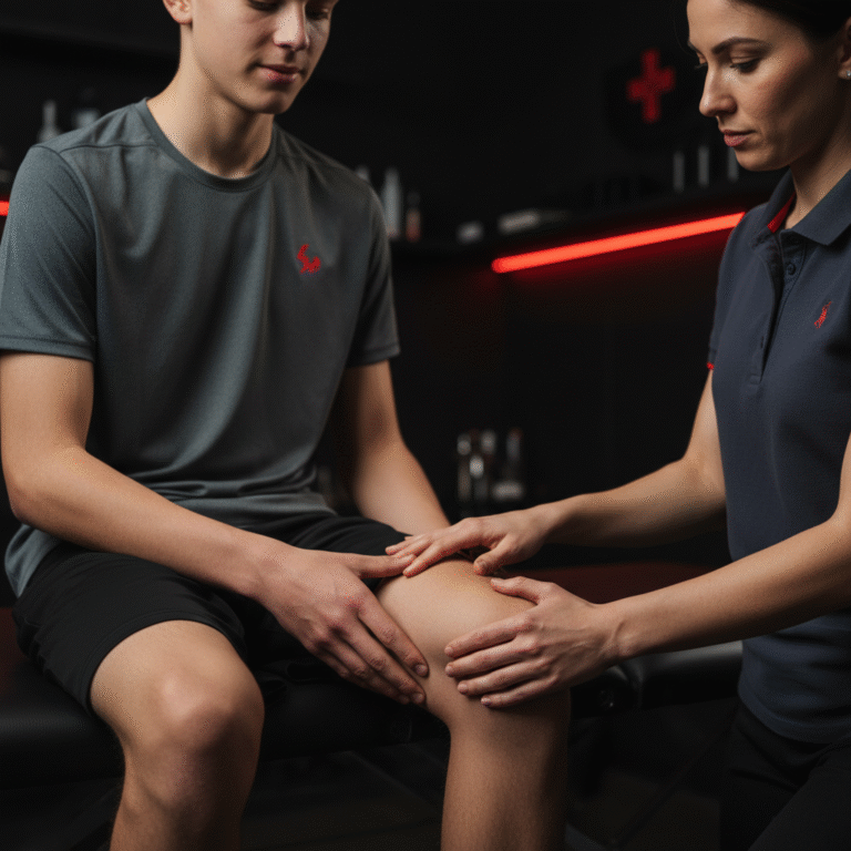 jongen met knieklachten kijkt hier samen naar met een fysiotherapeut