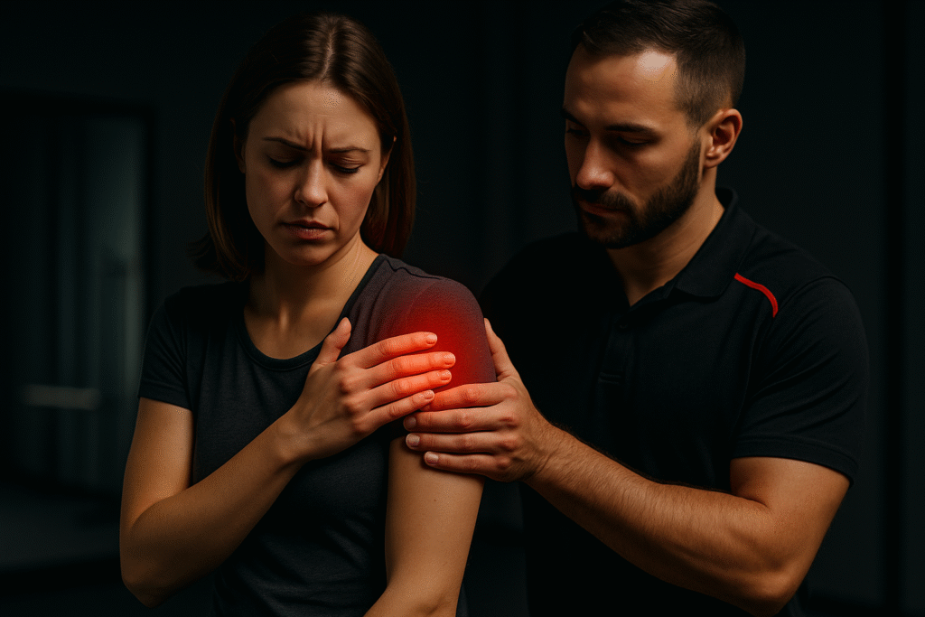 fysiotherapeut onderzoekt een vrouw met schouderklachten