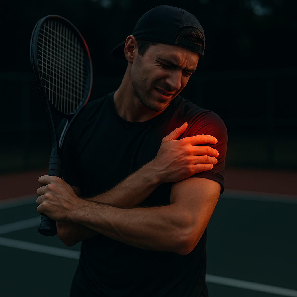 Meneer heeft pijn aan zijn schouder tijdens het tennissen