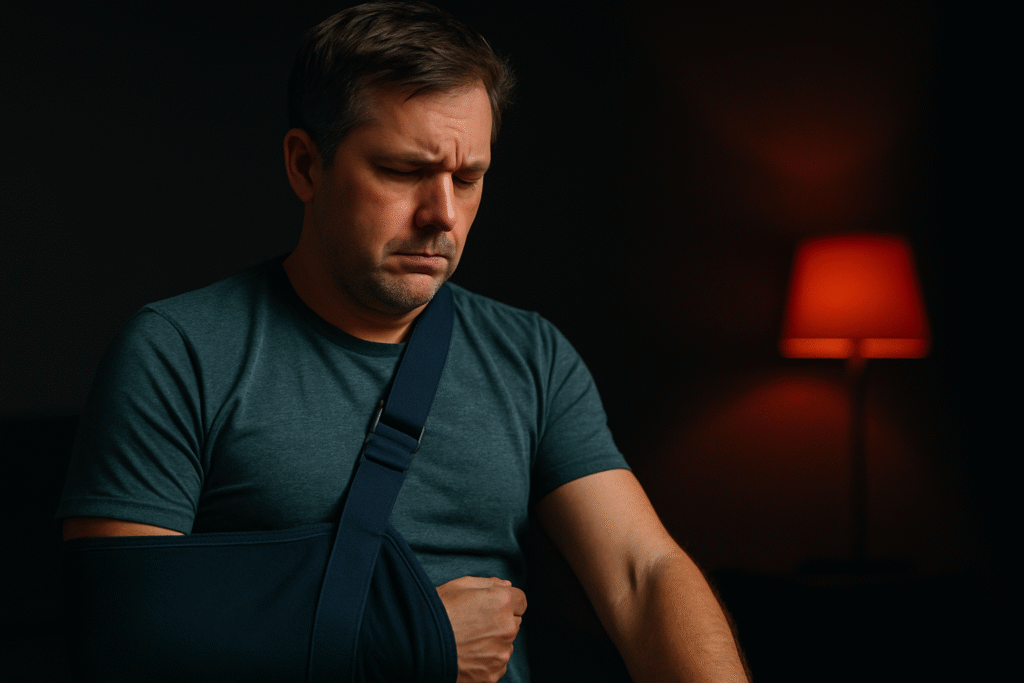 man met een geïmmobiliseerde schouder