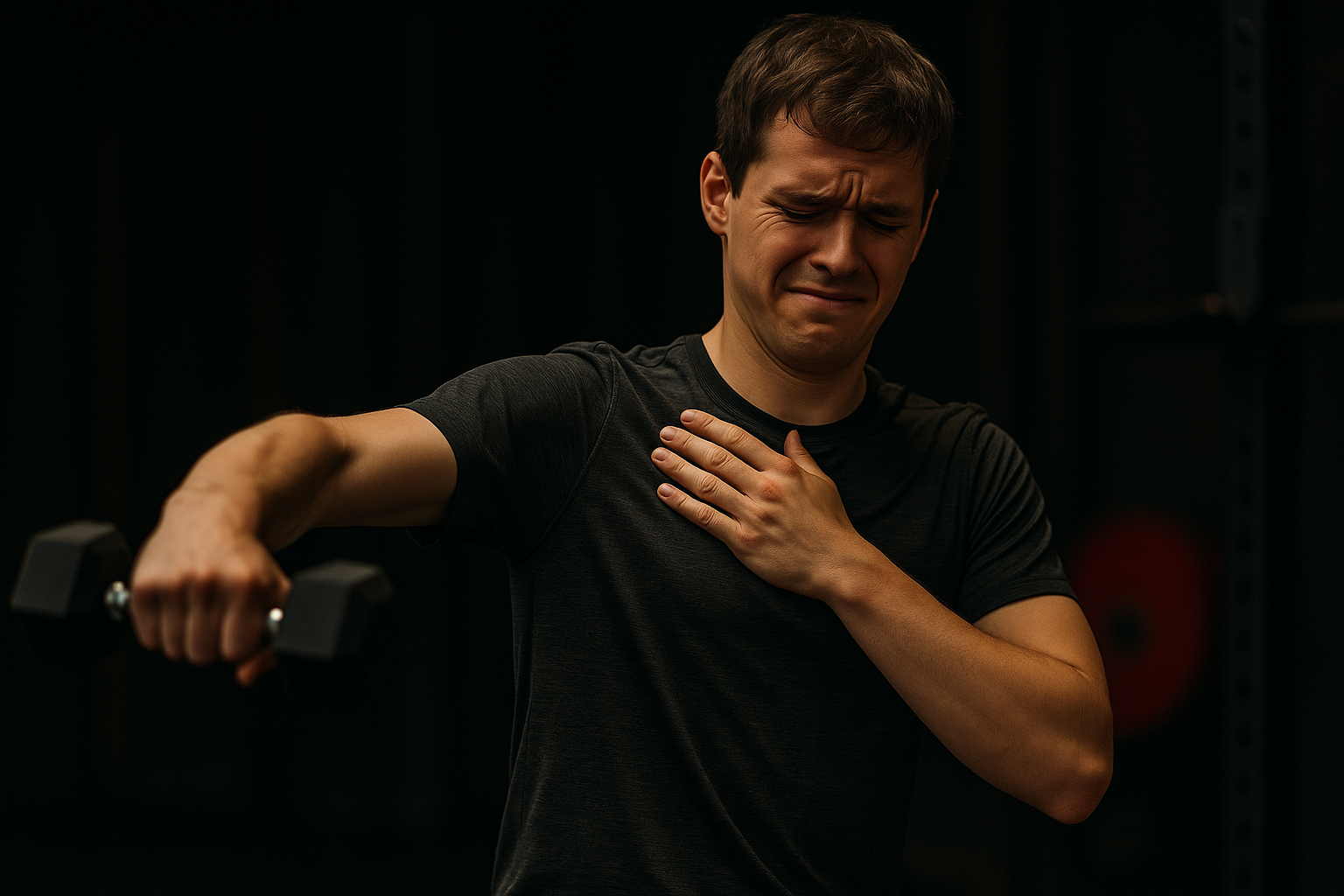 Man probeert dumbell te heffen, maar gaat niet wegens schouderpijn