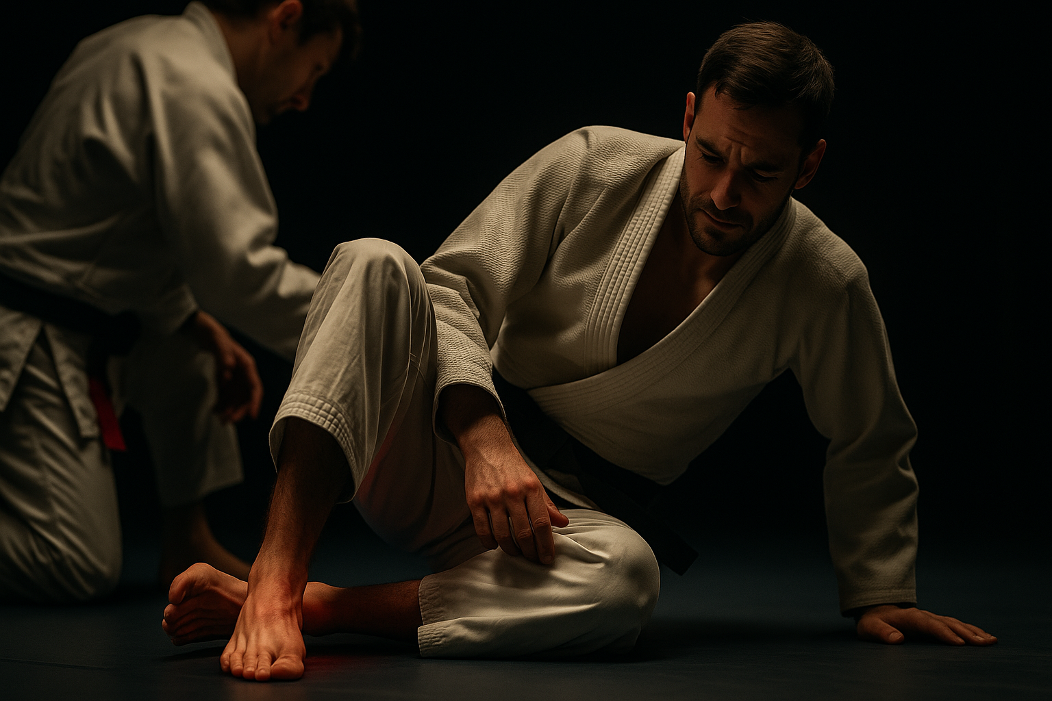 men verzwikt zijn enkel tijdens judo