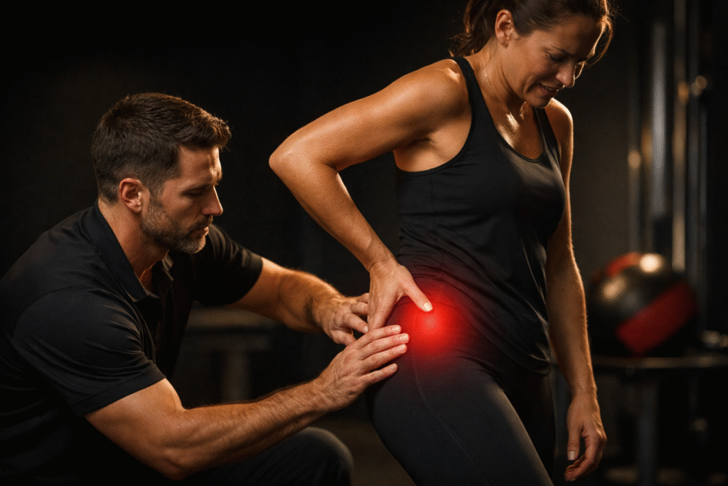 vrouw met klachten aan de zijkant van de heup