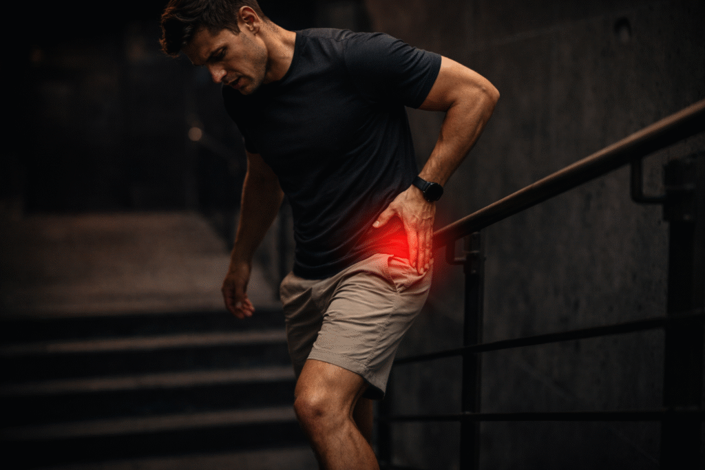 man met klachten aan de zijkant van de heup met traplopen