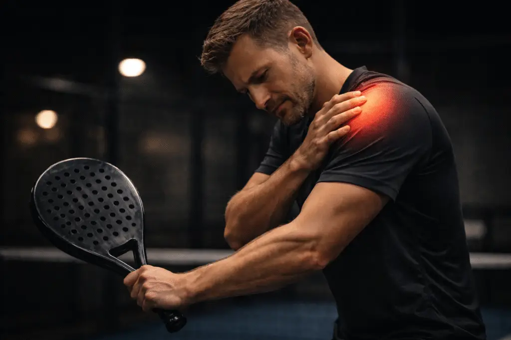 man pijn aan schouder door peesklachten bij padel