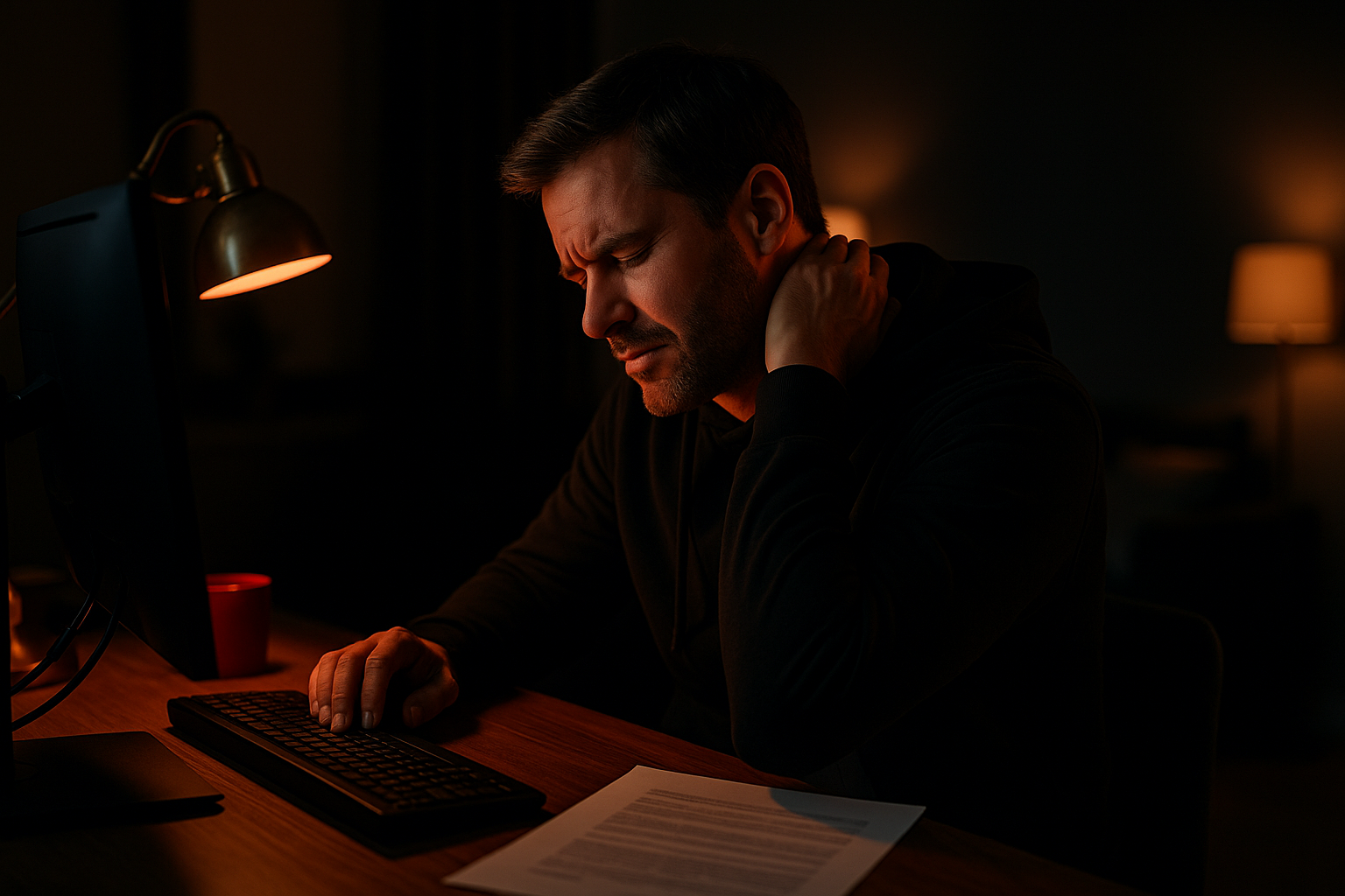 man achter de computer aan het werk met nekpijn