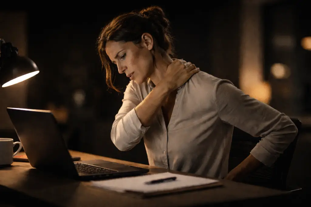 vrouw met bovenrugpijn. door te lang achter de computer te werken