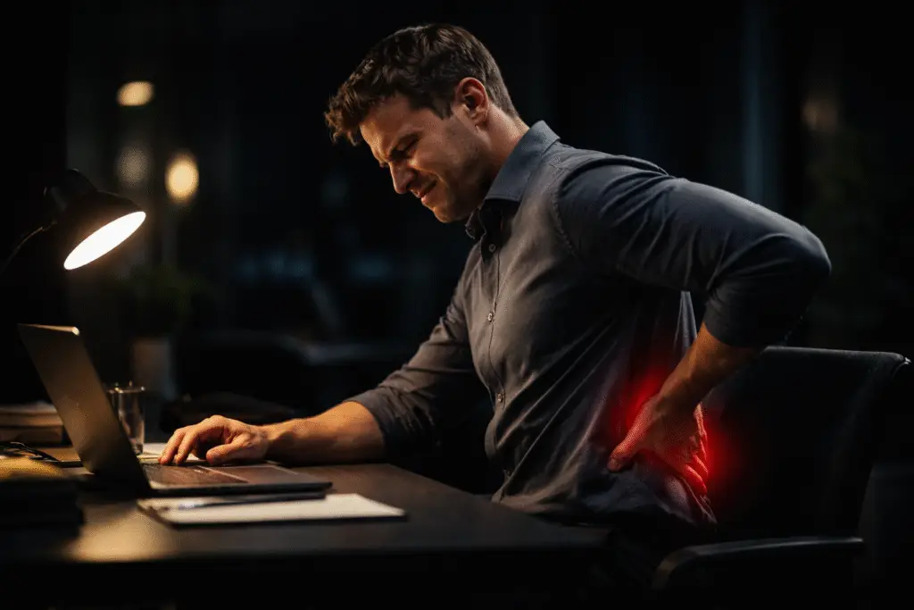 Man met lage rugklachten door het lange werken achter de computer