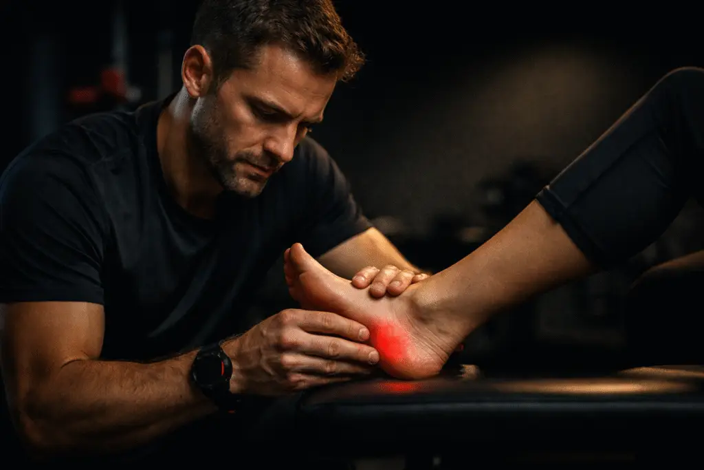 man onderzoekt een enkel op verdenking van Fasciitis plantaris (hielspoor)