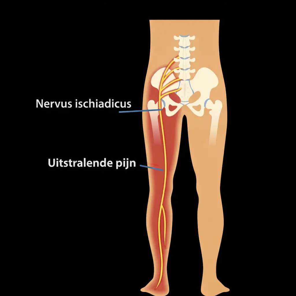 Schematische tekening nervus ischiadicus in het been