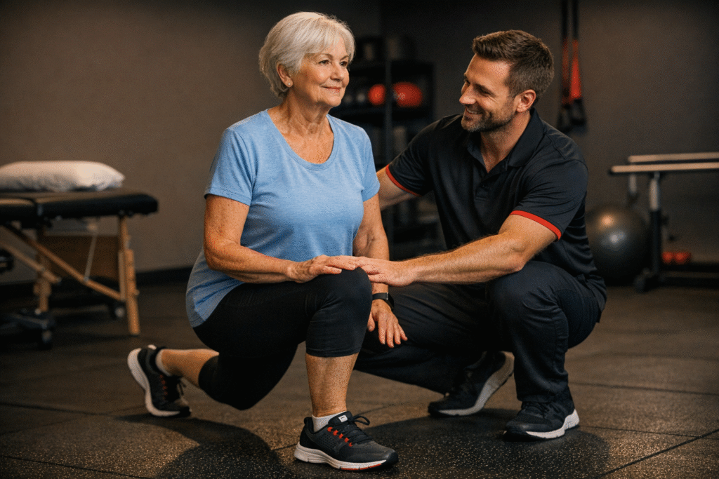 Oudere vrouw begeleid door fysiotherapeut tijdens lunges