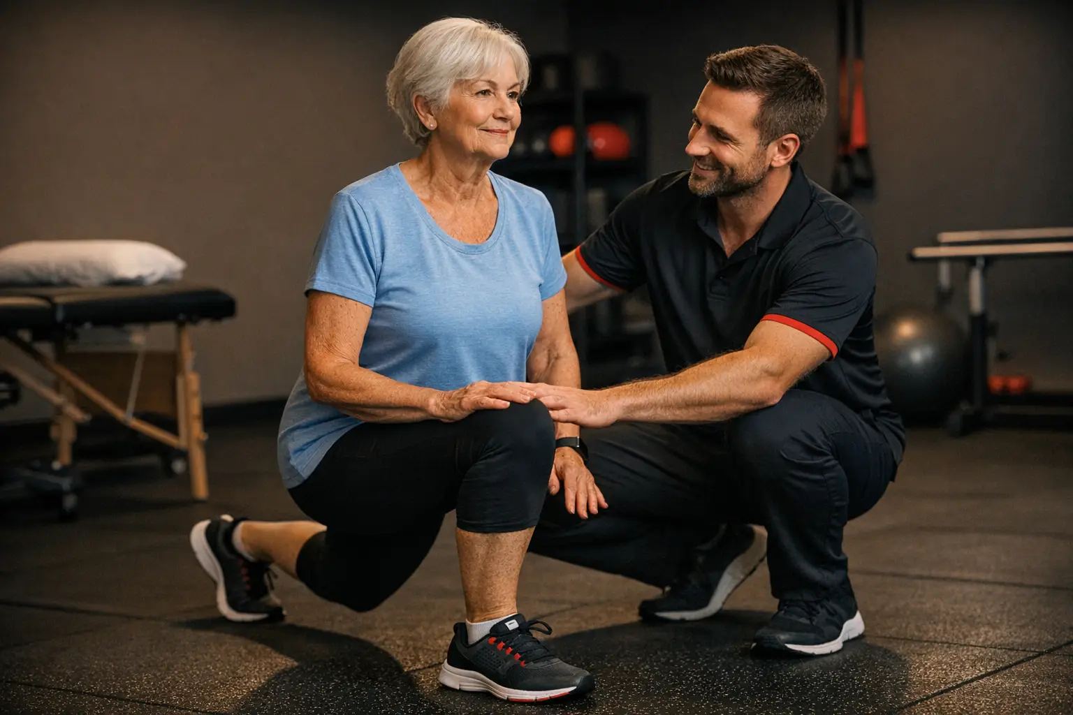 Oudere vrouw begeleid door fysiotherapeut tijdens lunges