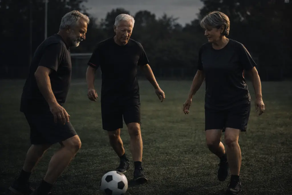 Oudere mensen die aan walking football doen