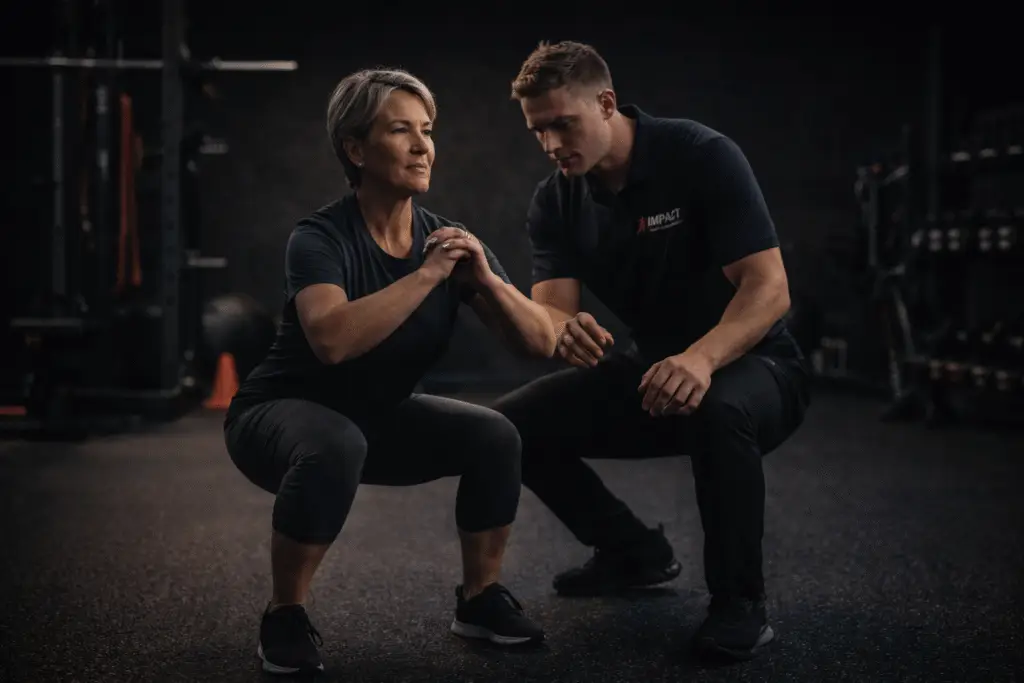 image shows an athletic man or woman aged 50 to 60 performing a lower body rehabilitation exercise inside a modern physiotherapy and performance training environment